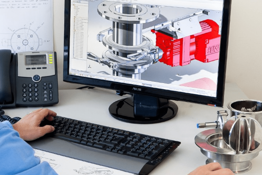 Visualizzazione digitale della valvola Sterivalve su un monitor di computer per l'analisi della progettazione farmaceutica.